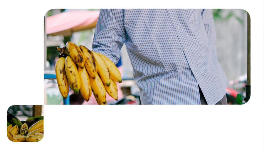 feirante segurando cacho de bananas e oferecendo para cliente