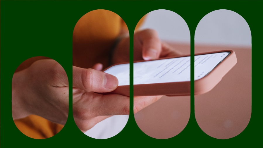 mão feminina segurando celular e digitando