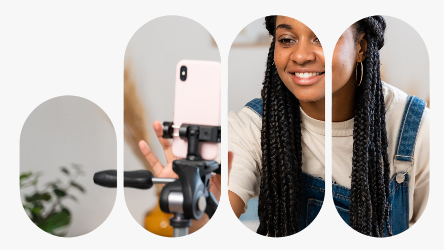 mulher negra sorrindo gravando vídeo no celular