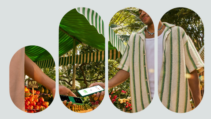 vendedor segurando celular e cliente pagando com celular