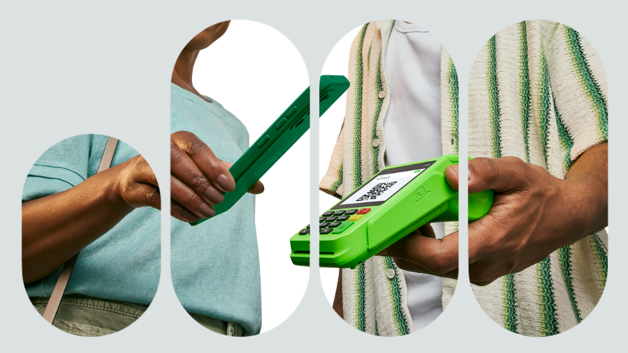 homem segurando maquininha de cartão exibindo código qr code no visor e cliente mulher pagando com o celular