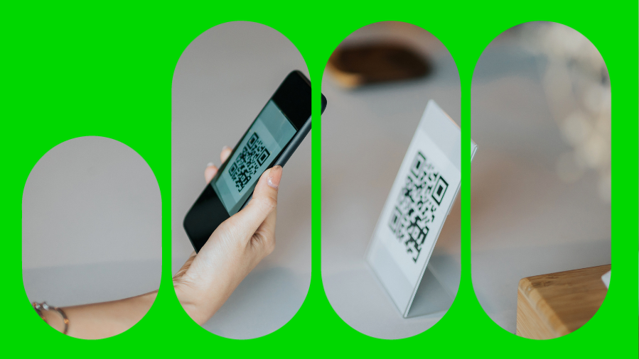 imagem de celular apontando para plaquinha com Pix qr code