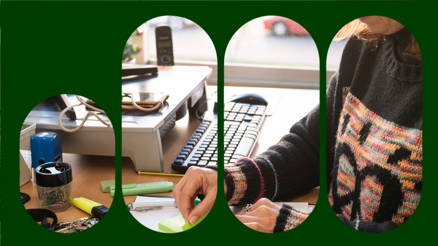 mão feminina mexendo em post its e papeis. trabalhando no computador