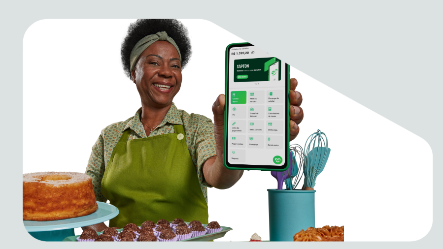 mulher cozinheira segurando celular no aplicativo tapton