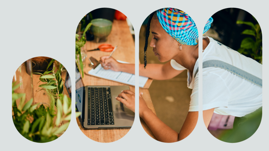 mulher trabalhando com computador dentro de floricultura