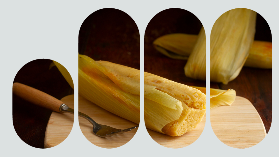 Pamonha tradicional servida na palha de milho sobre uma tábua de madeira, com garfo ao lado. Receita típica de Festa Junina, apresentada em uma composição visual com moldura arredondada e fundo claro