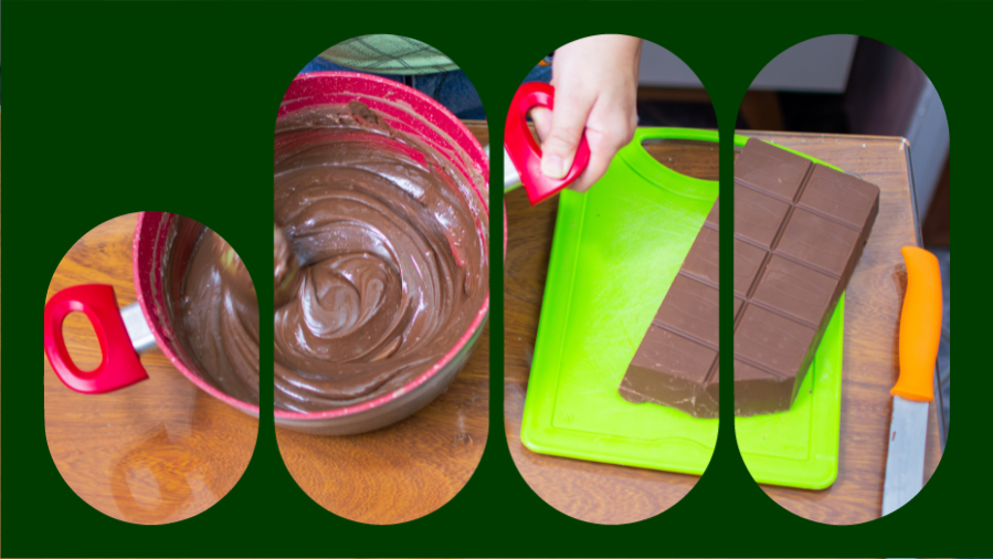 chocolate derretido tigela e tabua com barra de chocolate