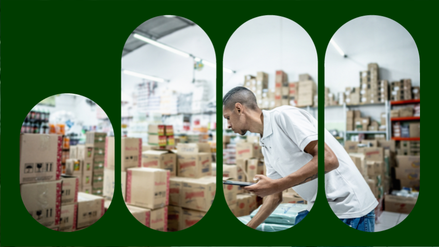 homem mexendo em caixas no estoque de loja.