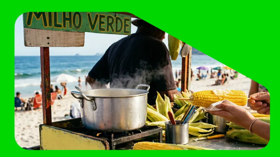 Milho cozido sendo vendido na praia